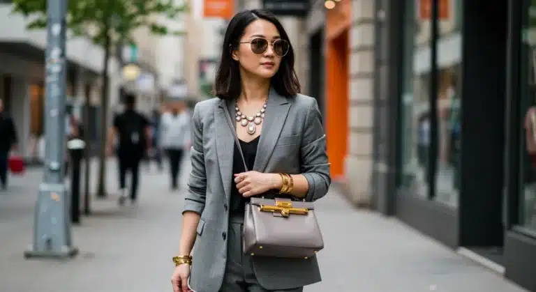 Stylish woman wearing statement accessories, elevating a classic outfit