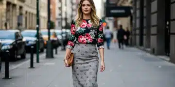Stylish woman mixing floral and geometric patterns in her outfit