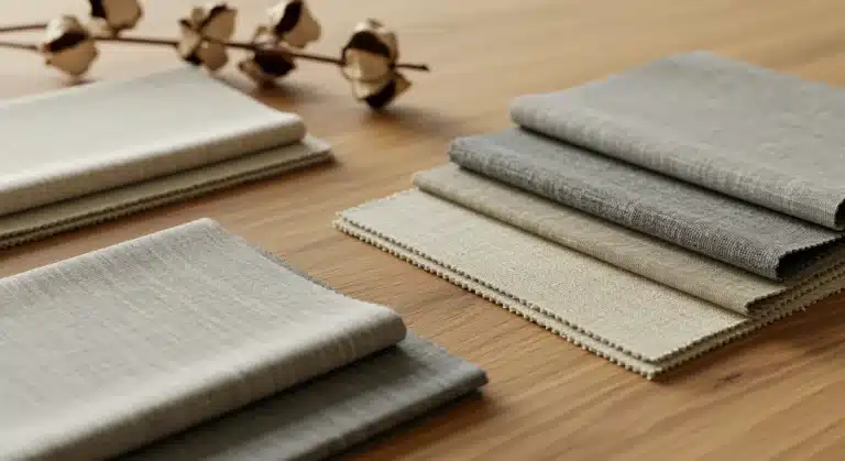 Assortment of natural sustainable fabric swatches on a wooden table
