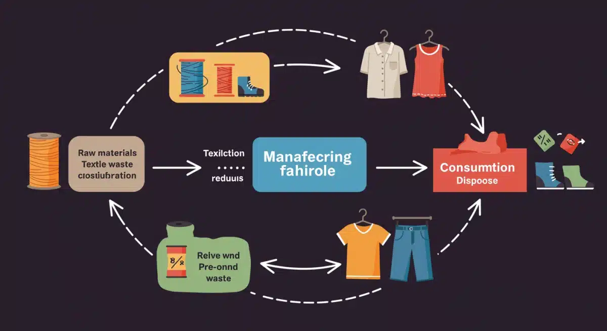 Illustration demonstrating the sustainable lifecycle of clothing through reuse and waste reduction, highlighting eco-friendly vintage fashion.
