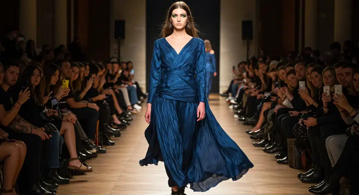 Runway model wearing a sustainable luxury fashion piece.