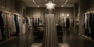Elegant gown crafted from sustainable material in a luxury store setting.