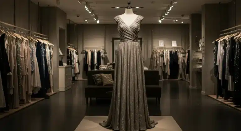 Elegant gown crafted from sustainable material in a luxury store setting.