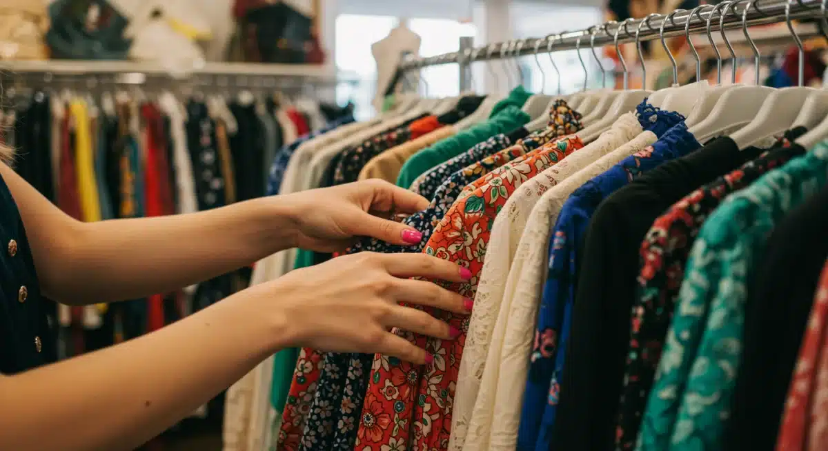 Hands browsing through a rack of vibrant vintage dresses in a thrift store, emphasizing the thrill of discovery.