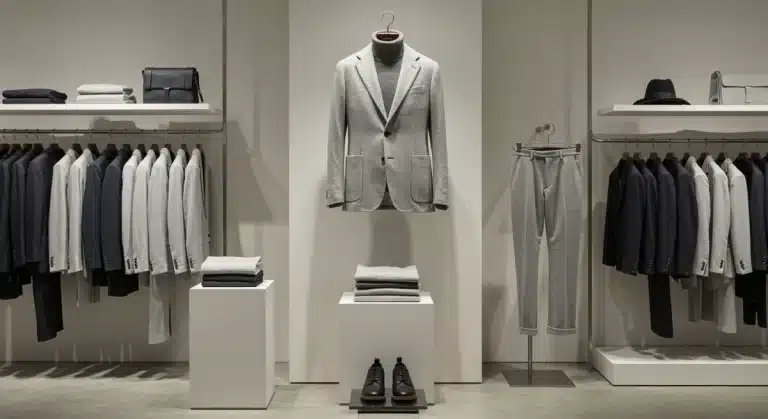 Understated luxury fashion display with muted colors and subtle branding.