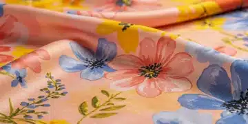 Vibrant spring floral pattern on silk fabric, modern botanical design