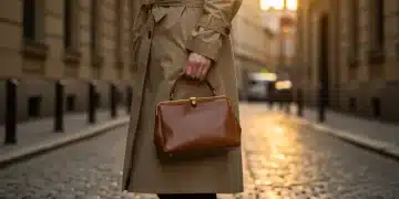 Woman in vintage designer trench coat and handbag on European street