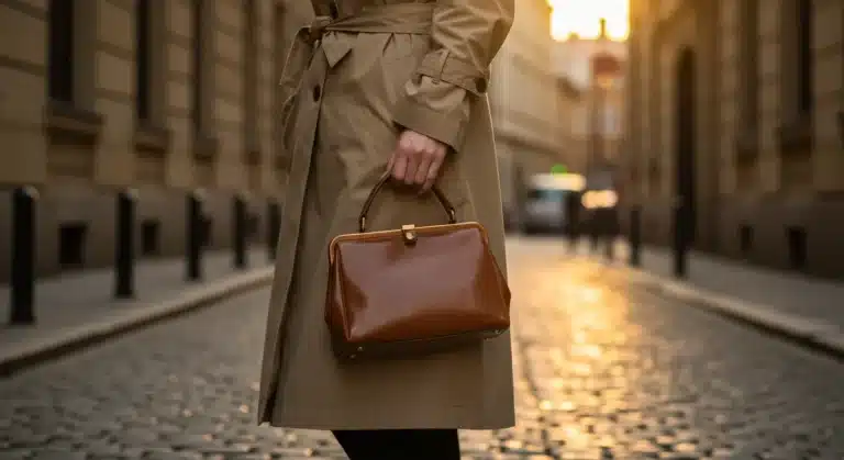 Woman in vintage designer trench coat and handbag on European street