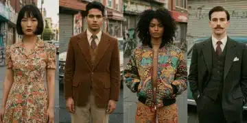 Vintage Clothing Comeback: Style, Sustainability, and Savings Stylish young people showcasing unique vintage outfits in an urban setting, representing sustainable fashion trends.