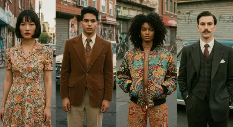 Stylish young people showcasing unique vintage outfits in an urban setting, representing sustainable fashion trends.