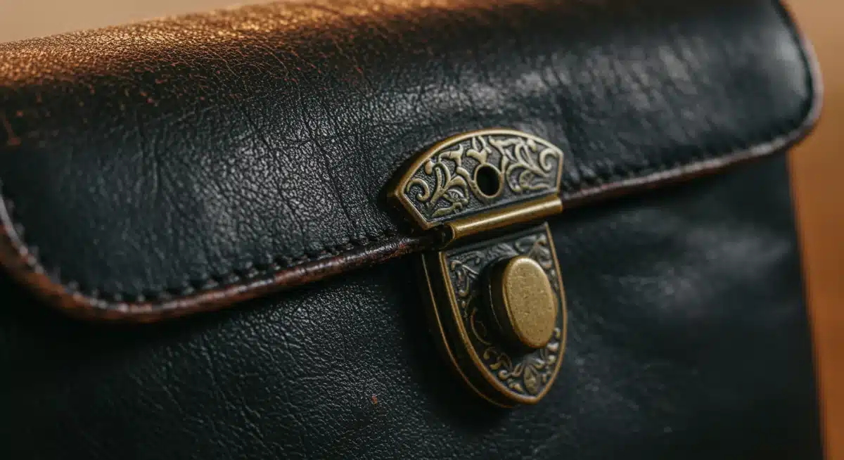 Close-up of vintage designer handbag clasp with patina