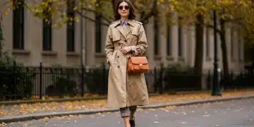 Woman in vintage-inspired trench coat on city street