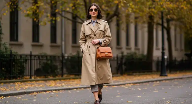 Woman in vintage-inspired trench coat on city street