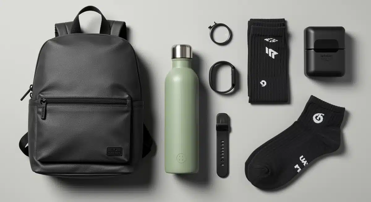 Flat lay of modern athleisure accessories, minimalist design