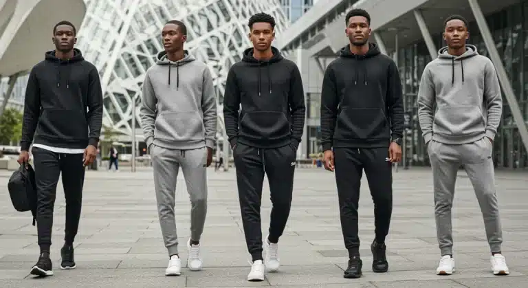 Stylish individuals in modern athleisure wear, urban backdrop