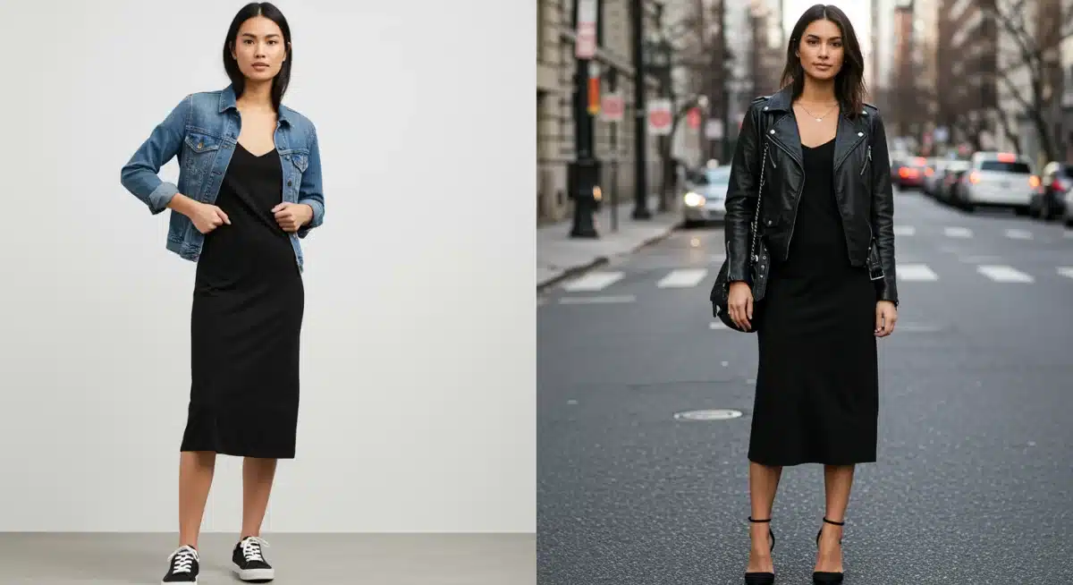 Black midi dress styled for different occasions