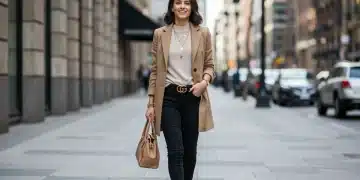 Stylish woman in budget-friendly fashion, looking high-end on city street