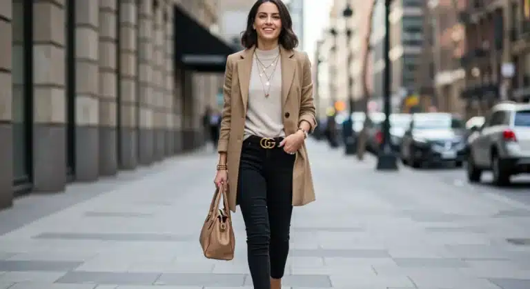 Stylish woman in budget-friendly fashion, looking high-end on city street