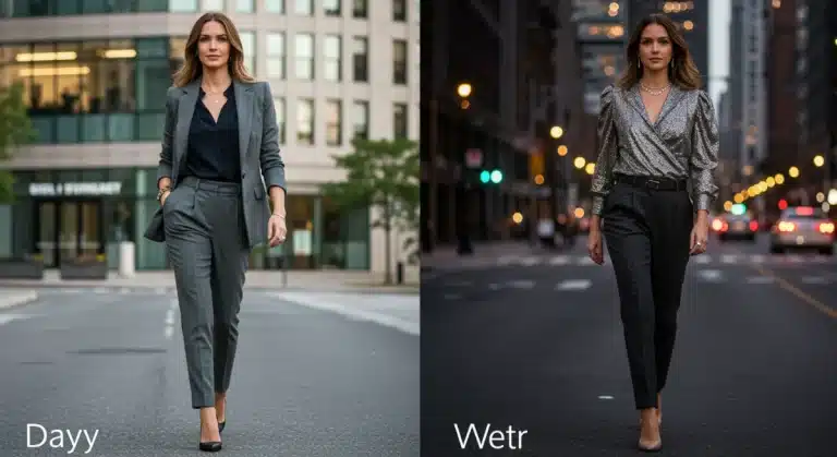 Woman transitioning day to night outfit with versatile pieces