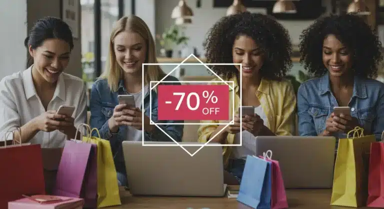 People happily shopping online for fashion deals on their devices with big savings.