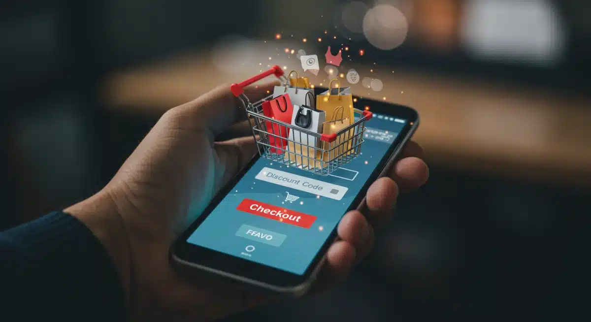 Hand holding a smartphone displaying an online shopping cart with discounted fashion items.