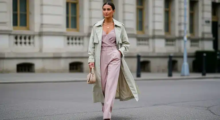 Woman in pastel trench coat and wide-leg trousers, embodying Spring 2026 integrated fashion.