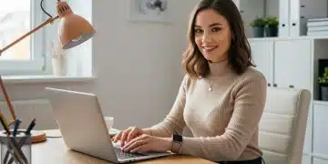 Woman in stylish work-from-home attire in a home office