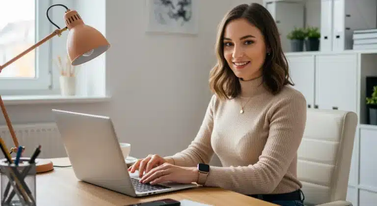 Woman in stylish work-from-home attire in a home office