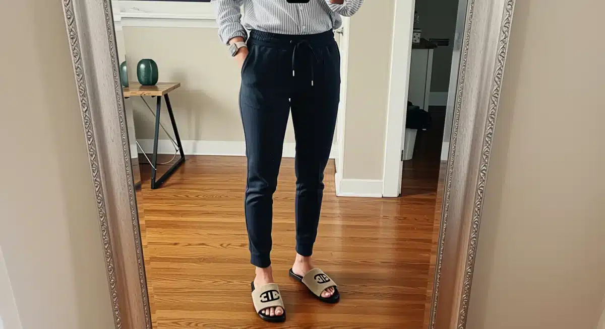 Polished yet comfortable work-from-home outfit with tailored joggers and button-down shirt