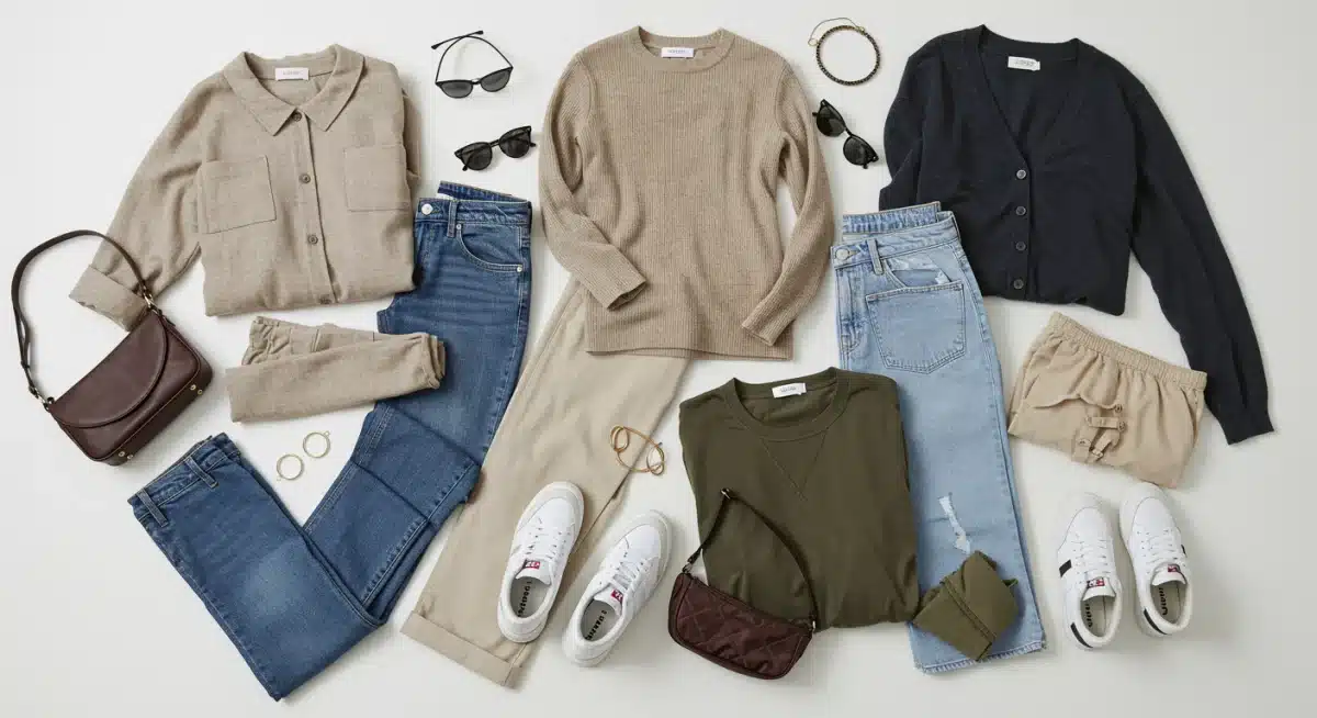 Flat lay display of 10 cohesive 2026 outfits with accessories