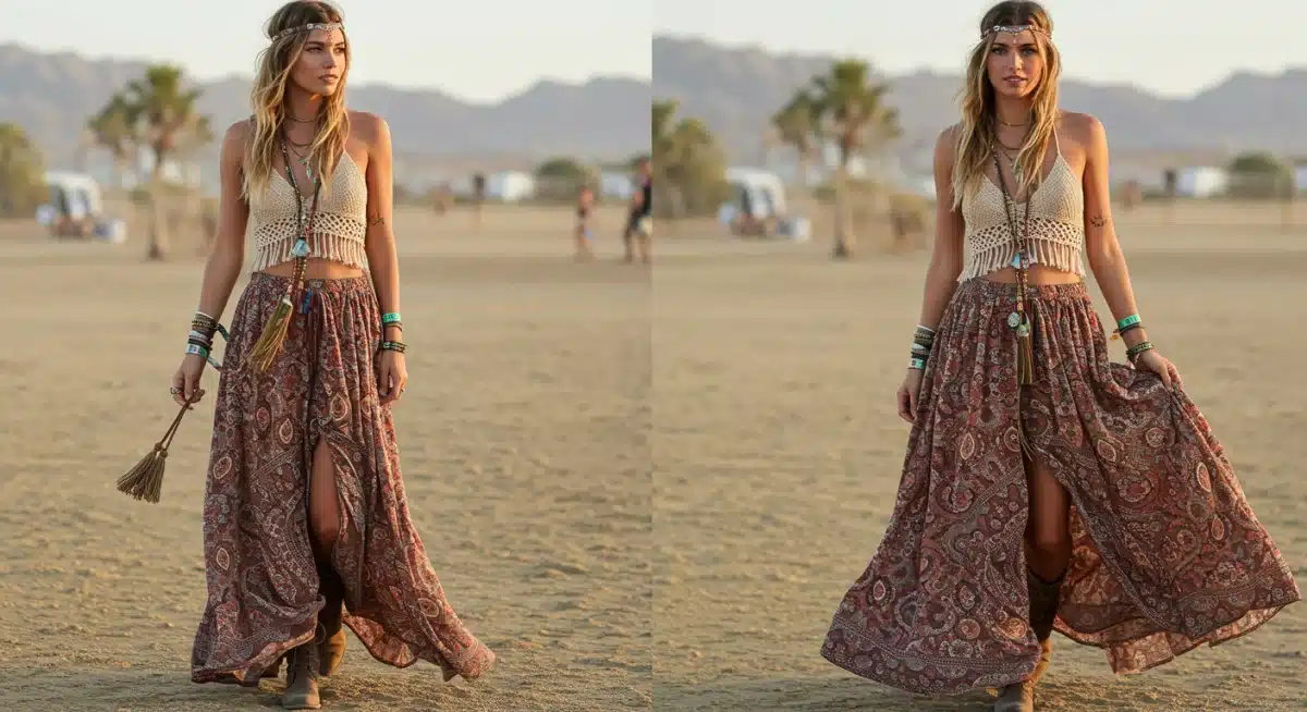 Bohemian-chic festival outfit with maxi skirt and crochet top for summer 2026.