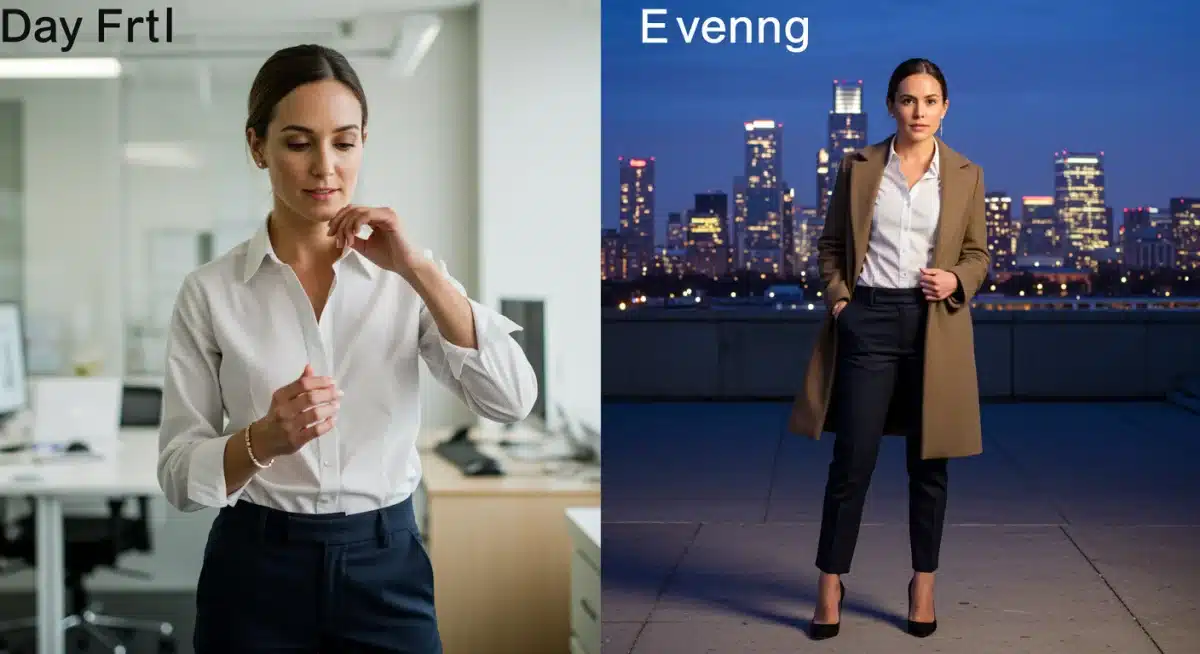 Transforming a business casual outfit from day to evening with adaptable accessories.