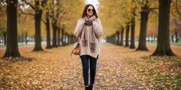 Woman in fall outfit, cozy knit, jeans, and boots under $150