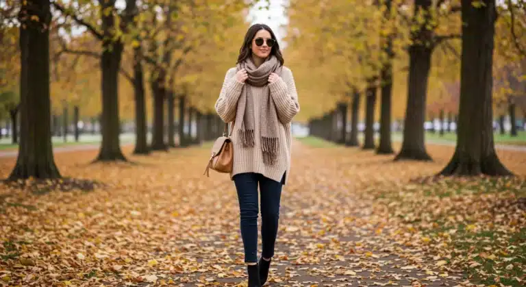 Woman in fall outfit, cozy knit, jeans, and boots under $150