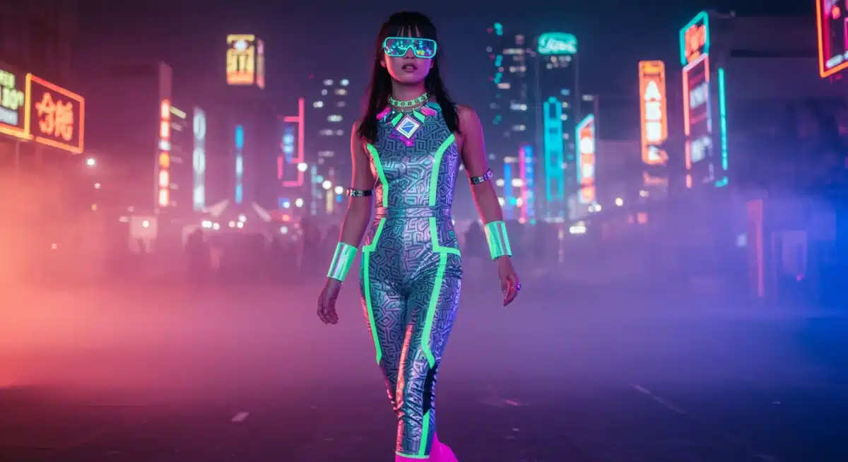 Futuristic festival outfit with metallic details and geometric patterns under neon lights.