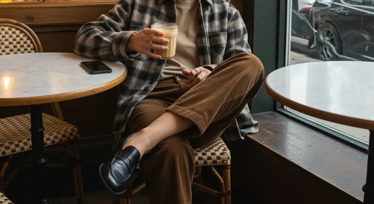 Person in layered fall outfit, flannel shirt and corduroy pants