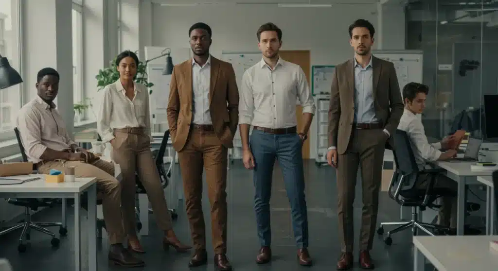 Professionals in modern 2026 business casual outfits, demonstrating versatile style and cost-effective fashion.