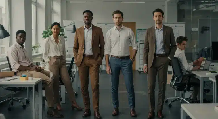 Professionals in modern 2026 business casual outfits, demonstrating versatile style and cost-effective fashion.