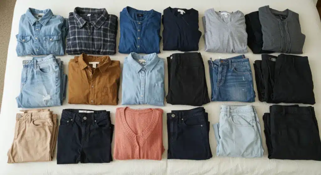 Organized wardrobe with various clothing items for cohesive outfits