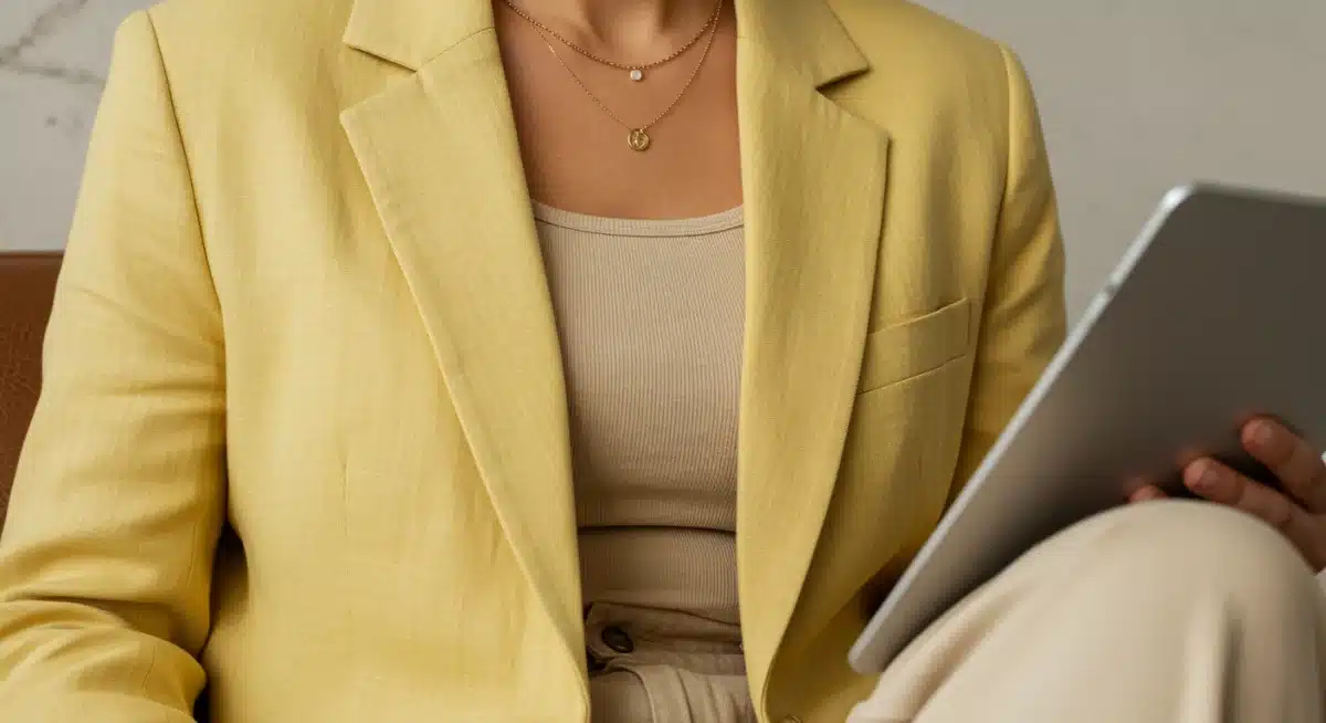 Close-up of a pastel linen blazer and wide-leg trousers