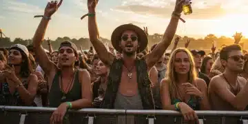 Summer 2026 festival attendees in stylish, eclectic outfits dancing at an outdoor concert.