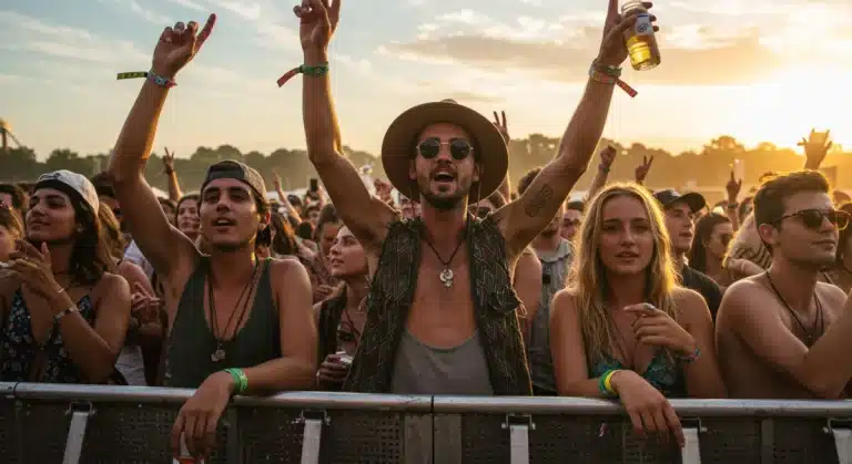 Summer 2026 festival attendees in stylish, eclectic outfits dancing at an outdoor concert.