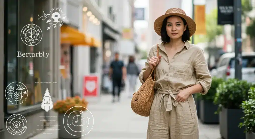 Woman in sustainable chic outfit in urban setting, embodying conscious fashion choices.