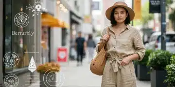Woman in sustainable chic outfit in urban setting, embodying conscious fashion choices.