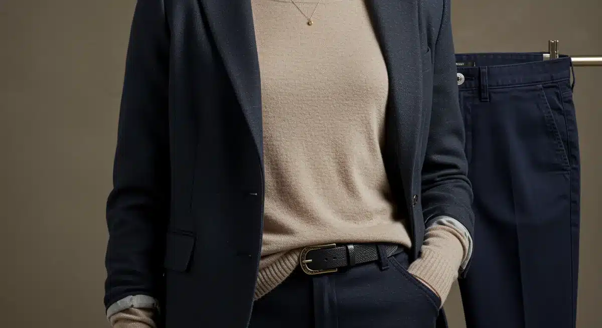 Detailed view of a tailored blazer and knit top, forming a versatile business casual pairing.
