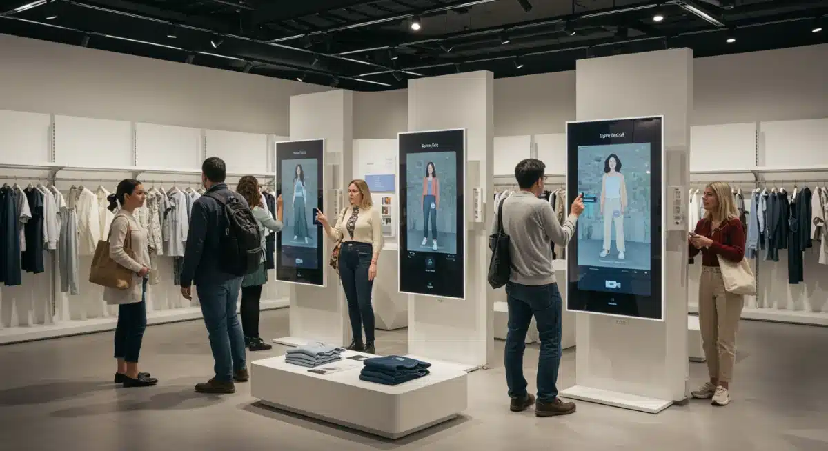 Shoppers using AR mirrors to try Spring 2026 fashion in a tech-savvy retail store.