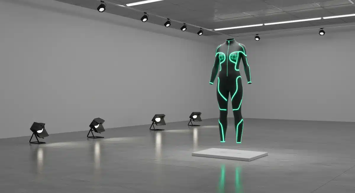 Futuristic smart fabric garment with integrated technology displayed in modern showroom.