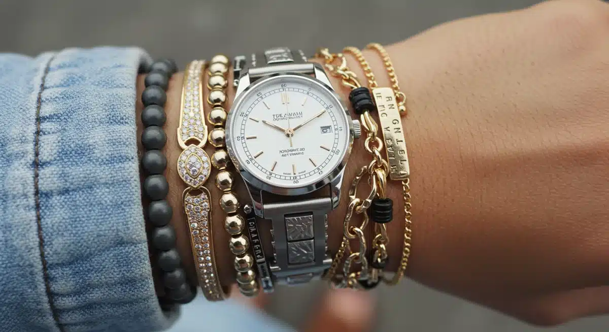 Layered bracelets and elegant watch on a wrist