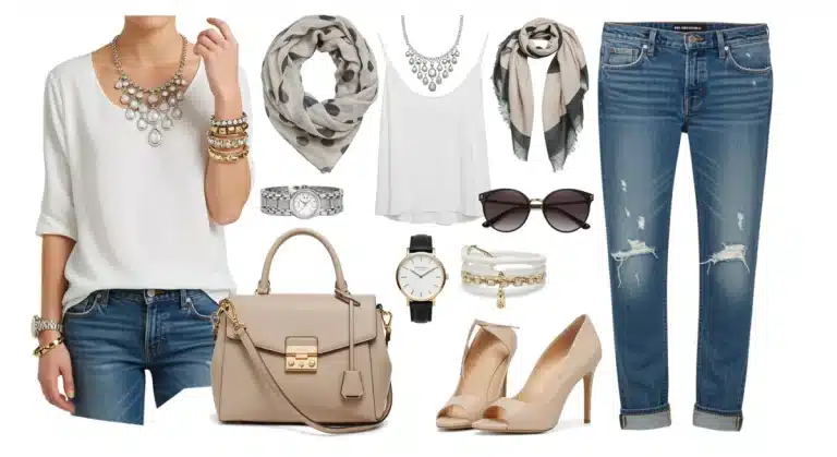 Woman demonstrating outfit enhancements with accessories