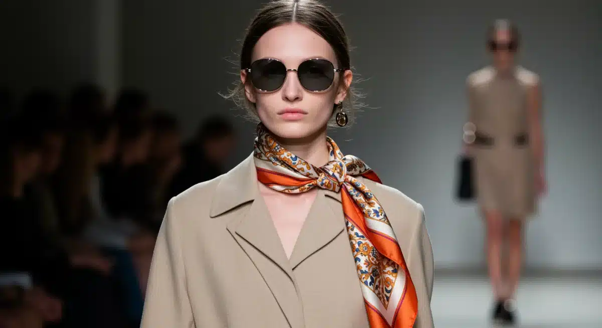 Model wearing silk scarf and stylish sunglasses